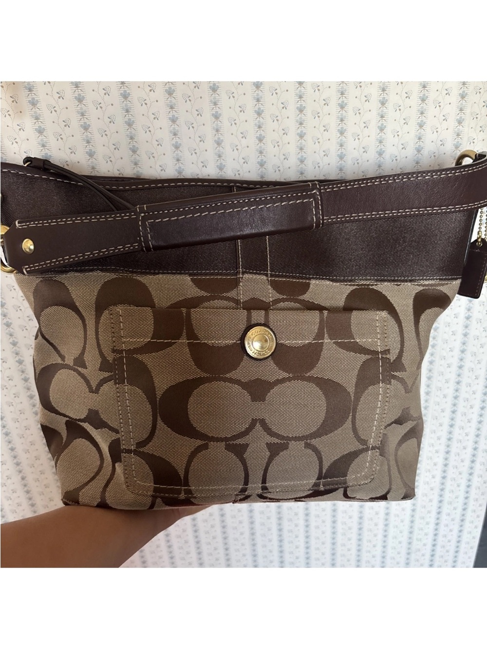 Coach Brown Signature Canvas Shoulder Bag with Leather Trim